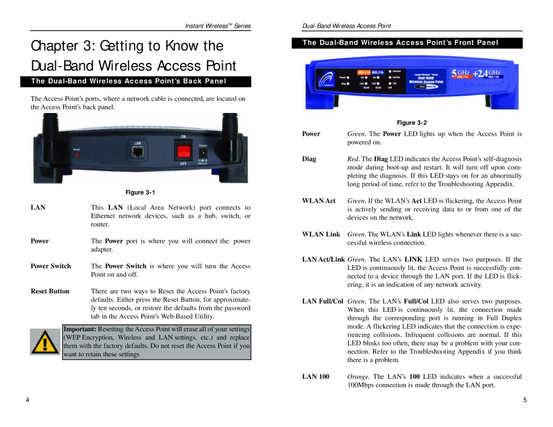 Linksys WAP51AB manual Dual-Band Wireless Access Point’s Back Panel, Power Switch, Reset Button 