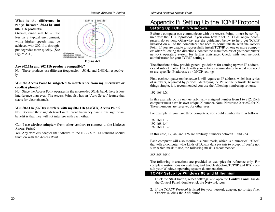 Linksys WAP54A manual Are 802.11a and 802.11b products compatible?, Setting Up TCP/IP in Windows 