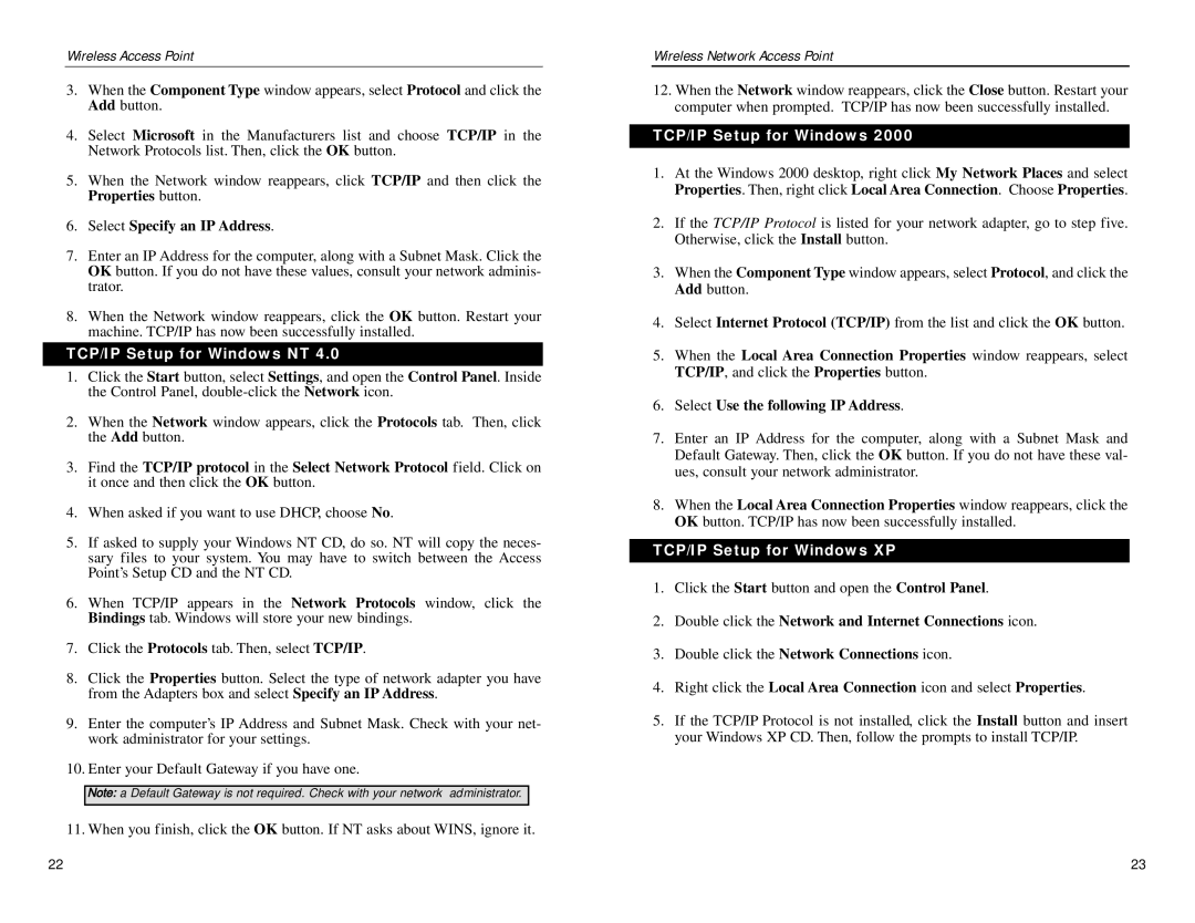 Linksys WAP54A manual TCP/IP Setup for Windows NT, TCP/IP Setup for Windows XP 