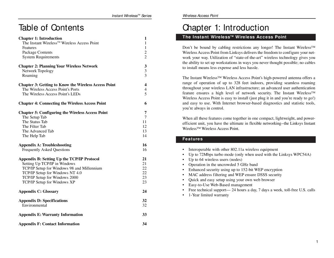 Linksys WAP54A manual Table of Contents, Introduction 