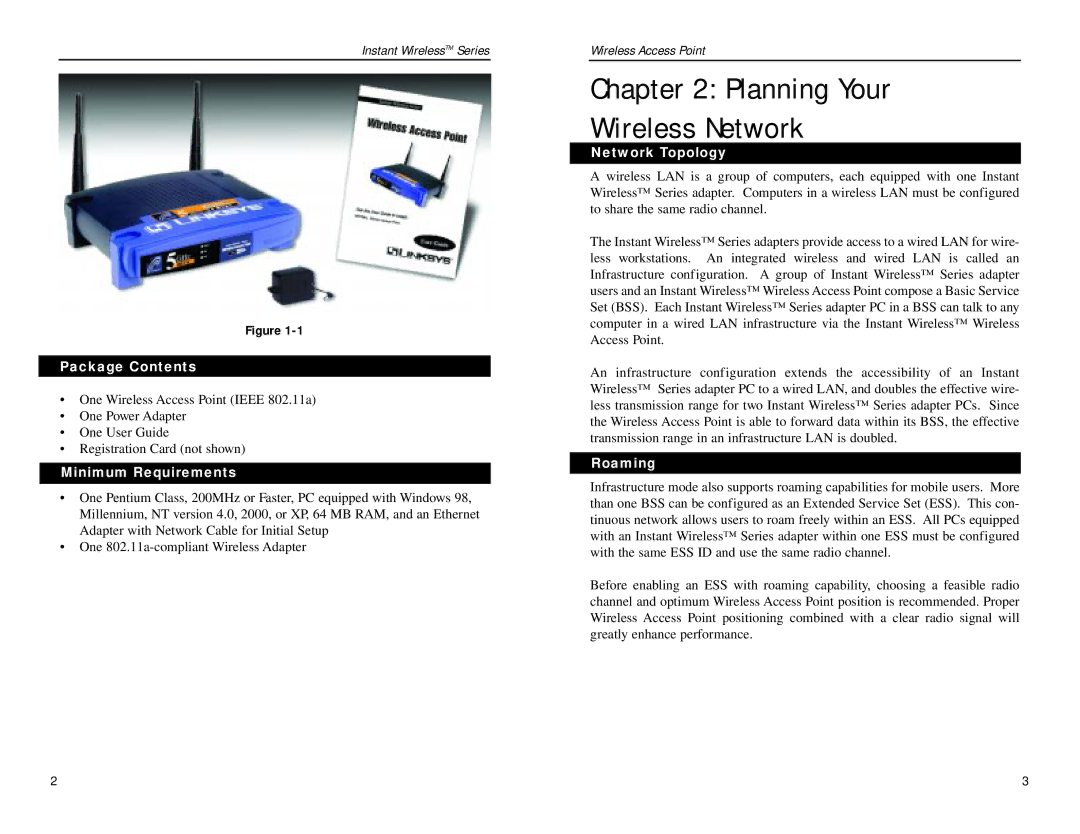 Linksys WAP54A manual Planning Your Wireless Network, Package Contents, Minimum Requirements s, Network Topology, Roaming 