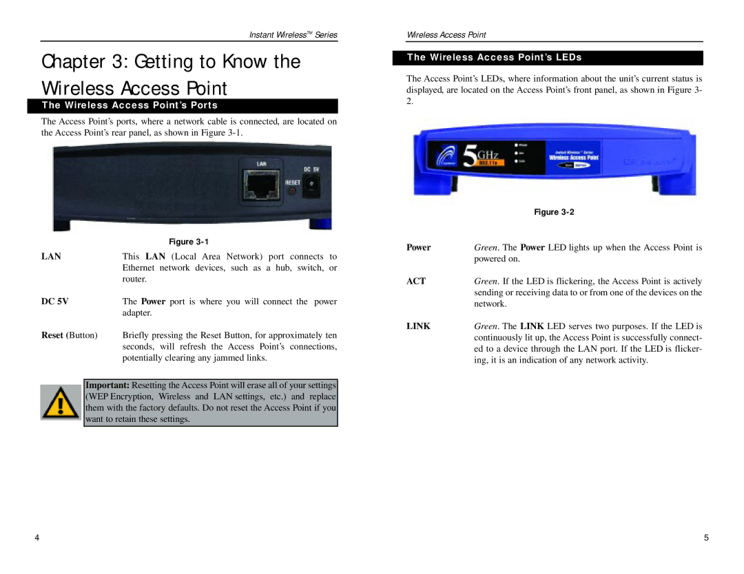 Linksys WAP54A manual Getting to Know the Wireless Access Point, Wireless Access Point’s Ports, Reset Button 