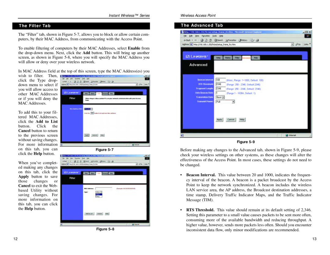 Linksys WAP54A manual Filter Tab, Click the Add to List, Advanced Tab 