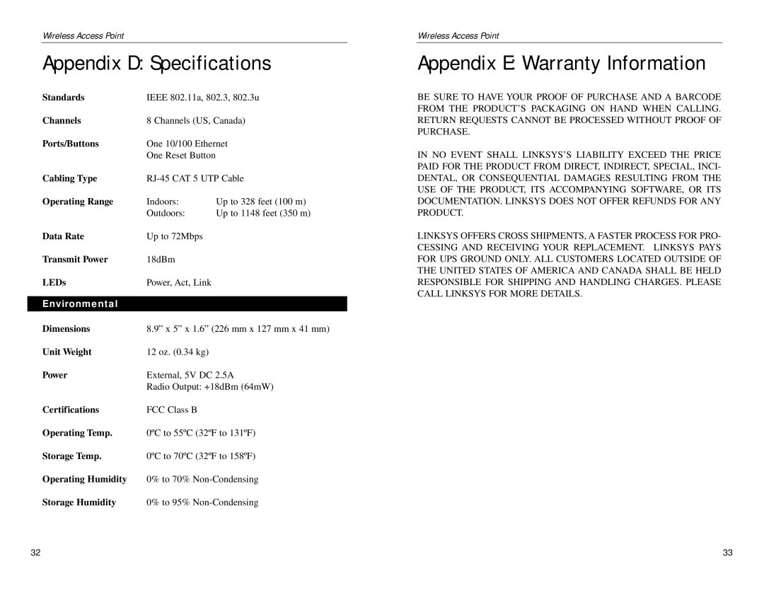 Linksys WAP54A manual Appendix D Specifications, Appendix E Warranty Information, Environmental, Wireless Access Point 