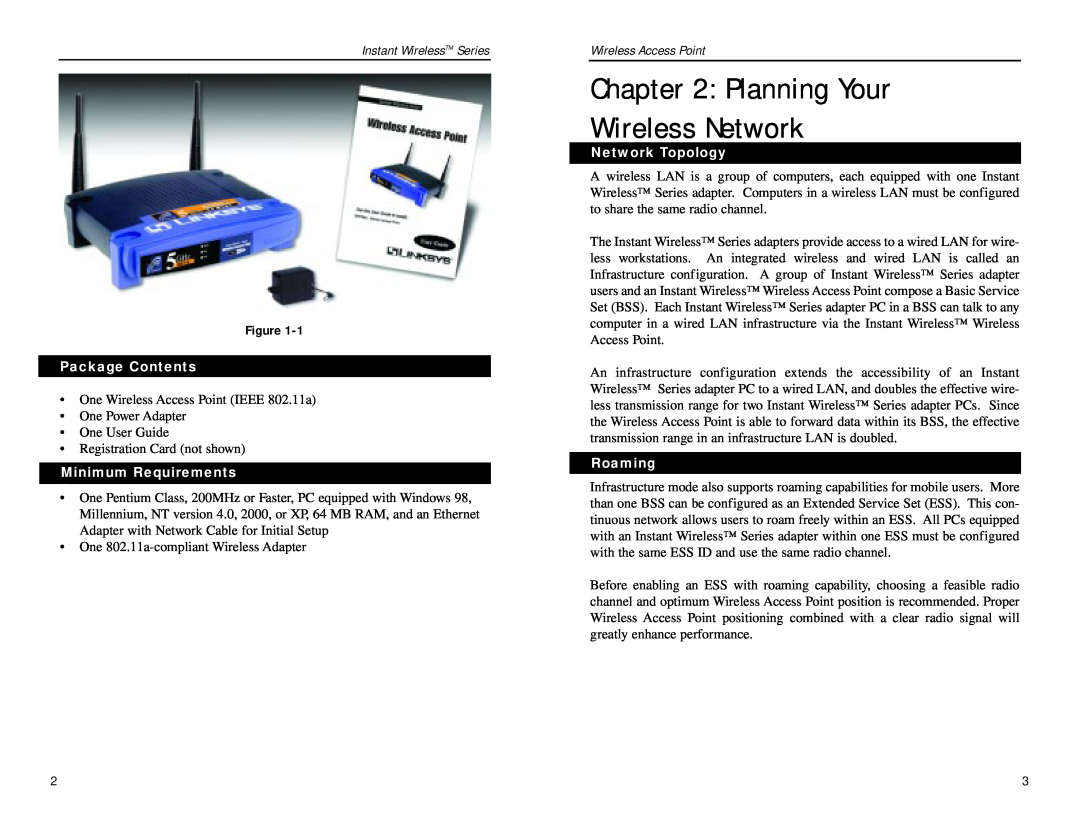 Linksys WAP54A manual Planning Your Wireless Network, Package Contents, Minimum Requirements s, Network Topology, Roaming 