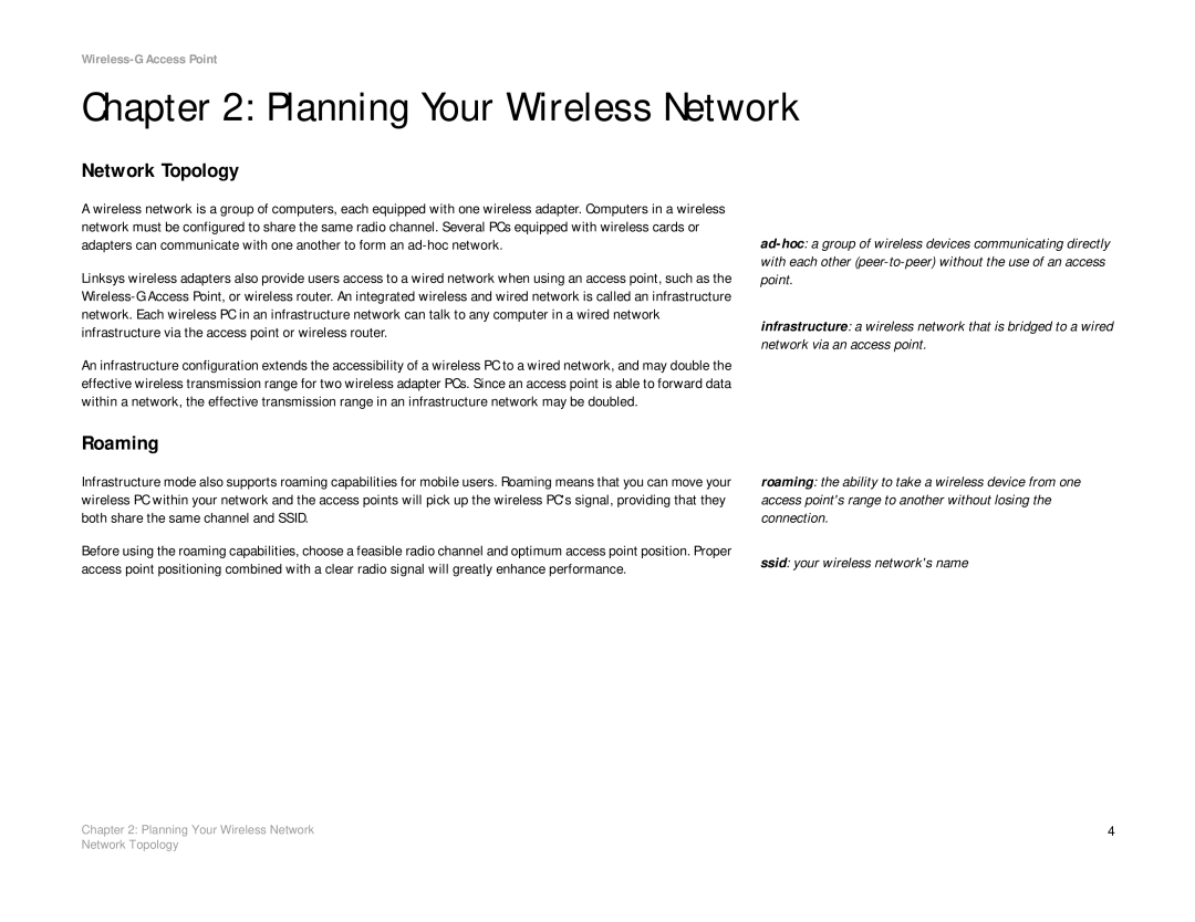 Linksys WAP54G manual Planning Your Wireless Network, Network Topology, Roaming 