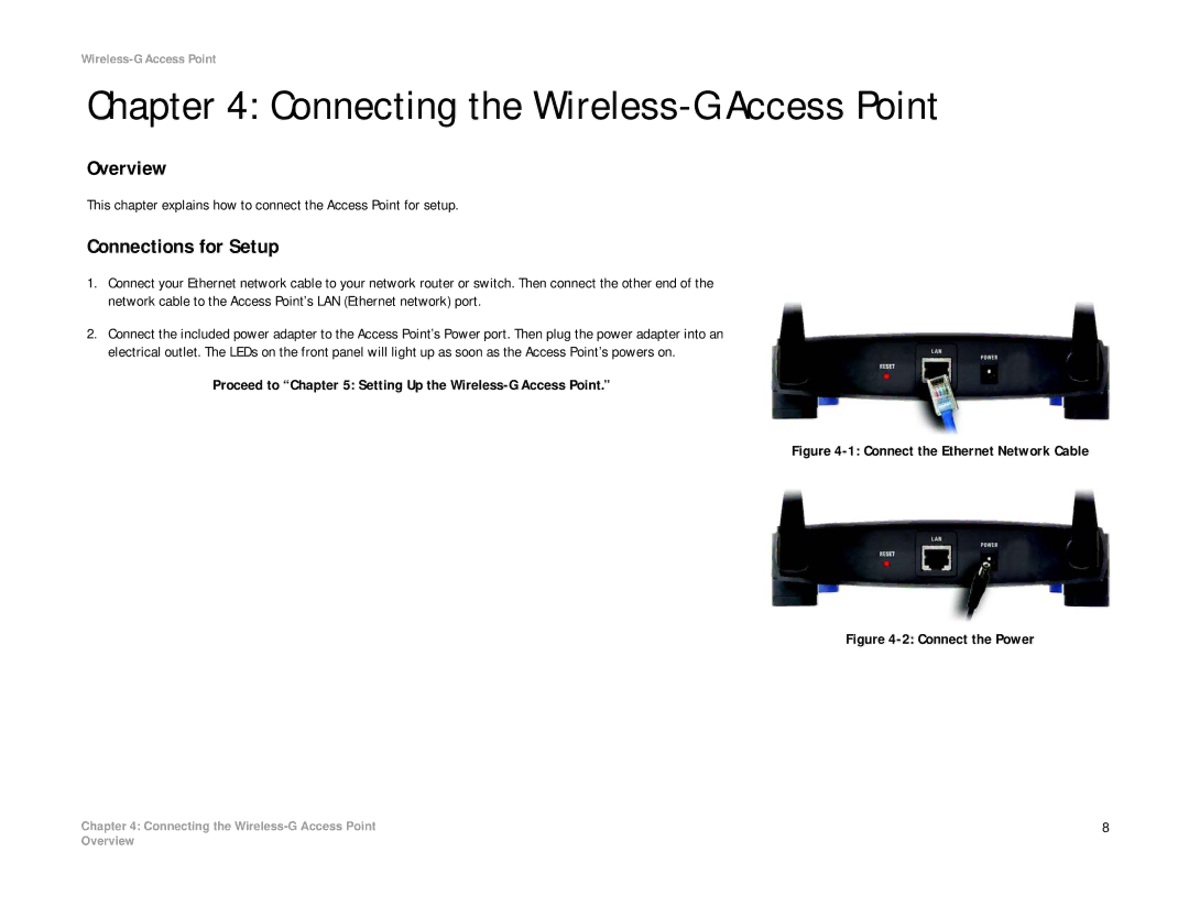 Linksys WAP54G manual Connecting the Wireless-G Access Point, Overview, Connections for Setup 