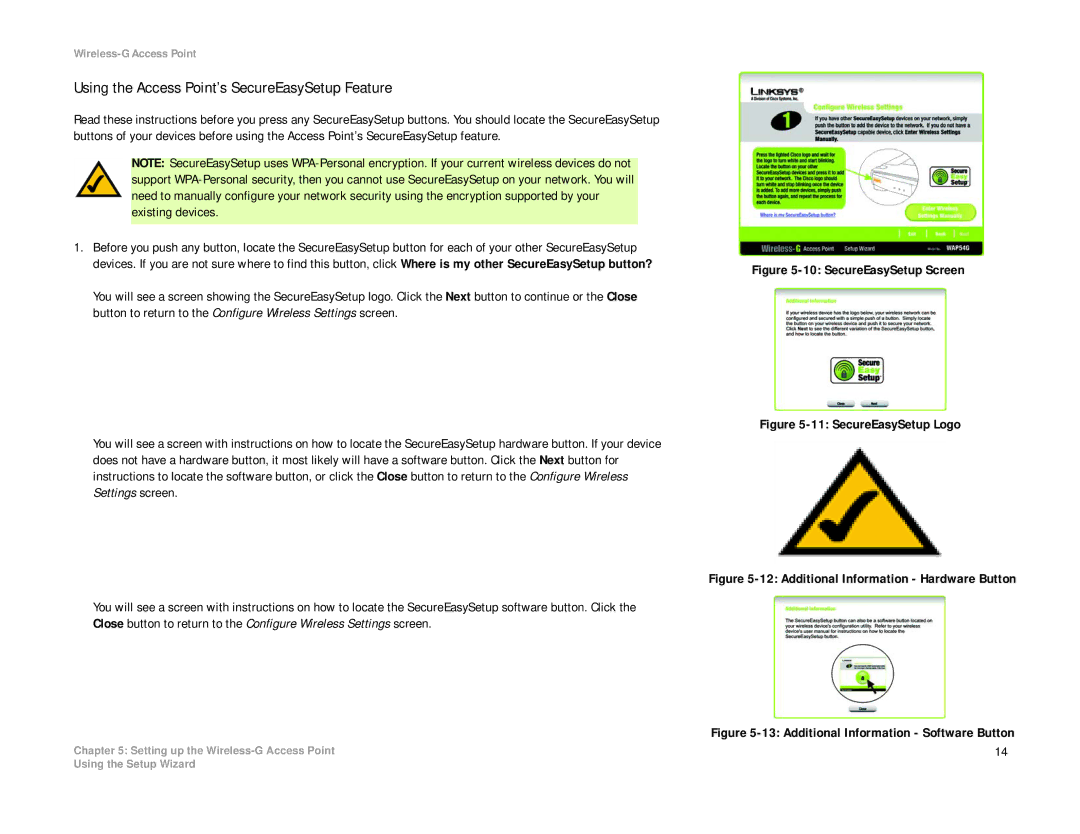 Linksys WAP54G manual Using the Access Point’s SecureEasySetup Feature, SecureEasySetup Screen 