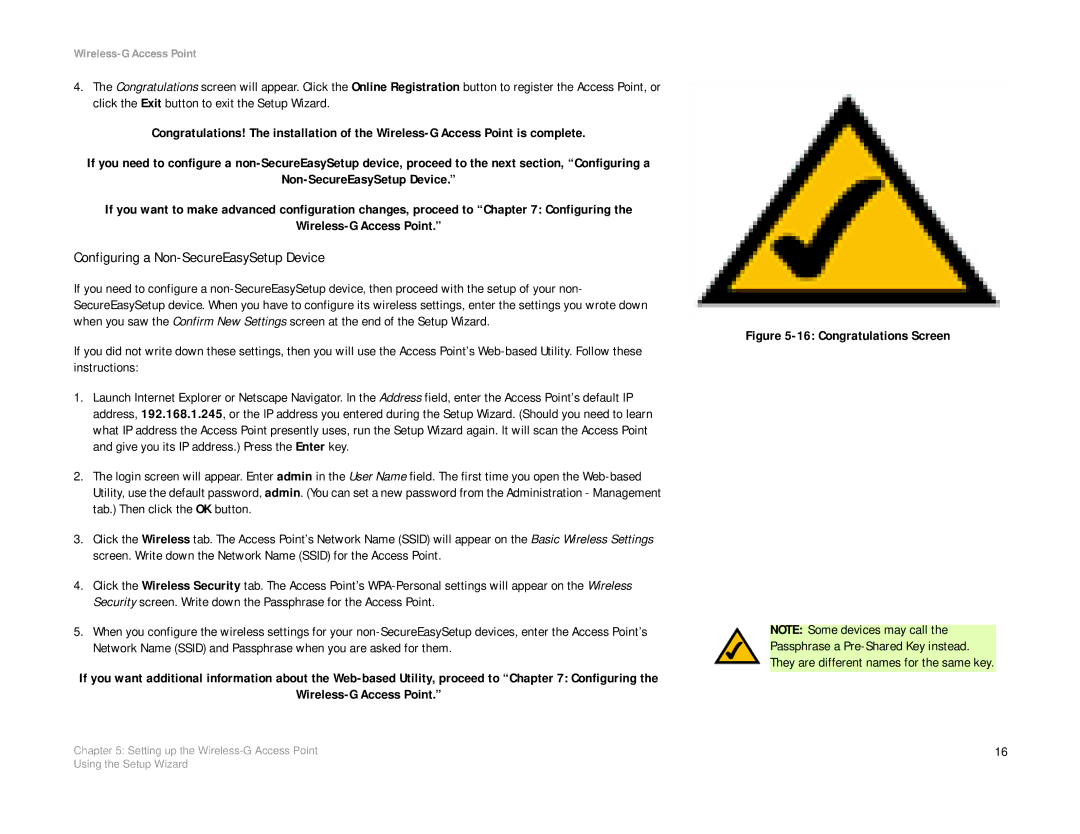 Linksys WAP54G manual Configuring a Non-SecureEasySetup Device, Congratulations Screen 