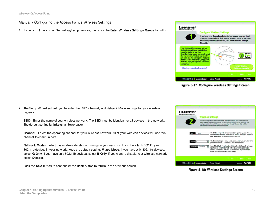 Linksys WAP54G manual Manually Configuring the Access Point’s Wireless Settings, Configure Wireless Settings Screen 