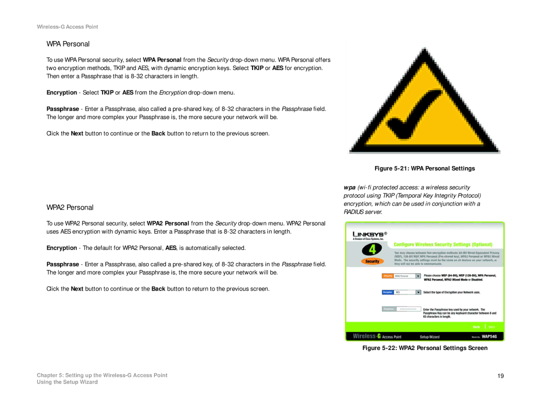 Linksys WAP54G manual WPA Personal, WPA2 Personal 