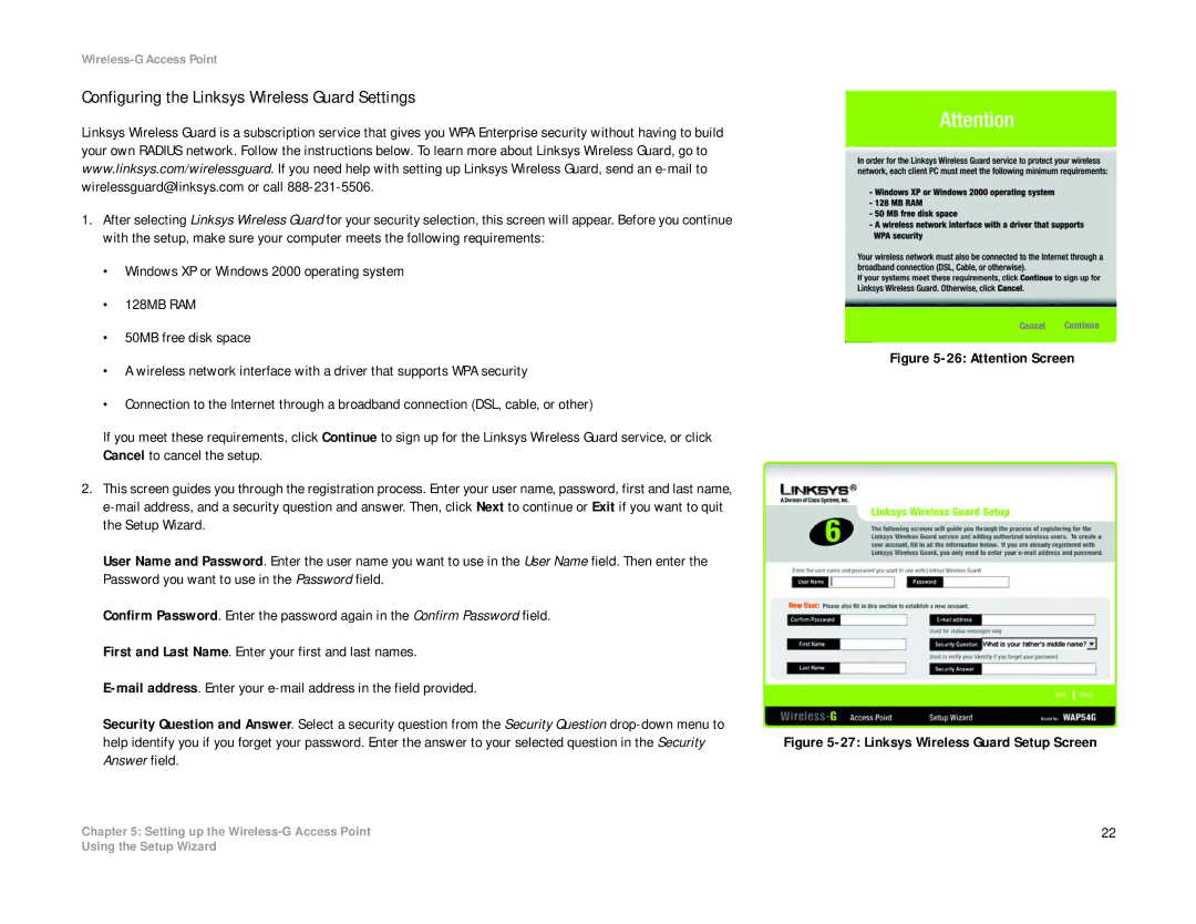 Linksys WAP54G manual Configuring the Linksys Wireless Guard Settings, Attention Screen 