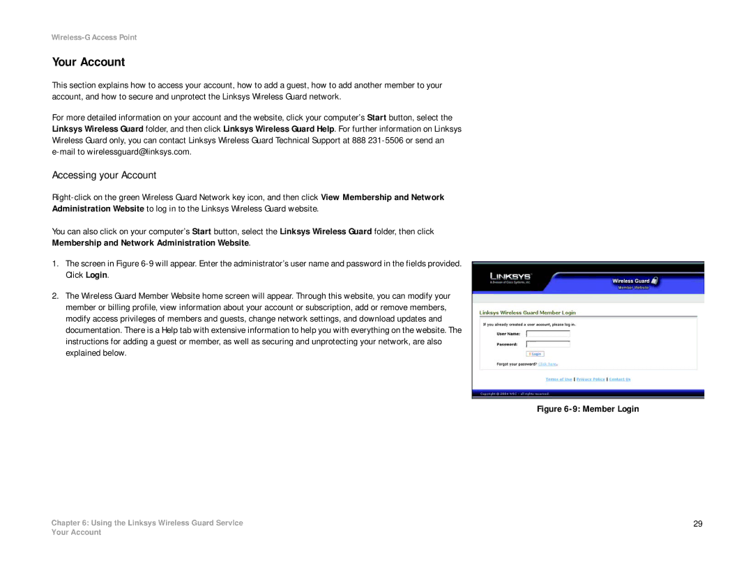 Linksys WAP54G manual Your Account, Accessing your Account 