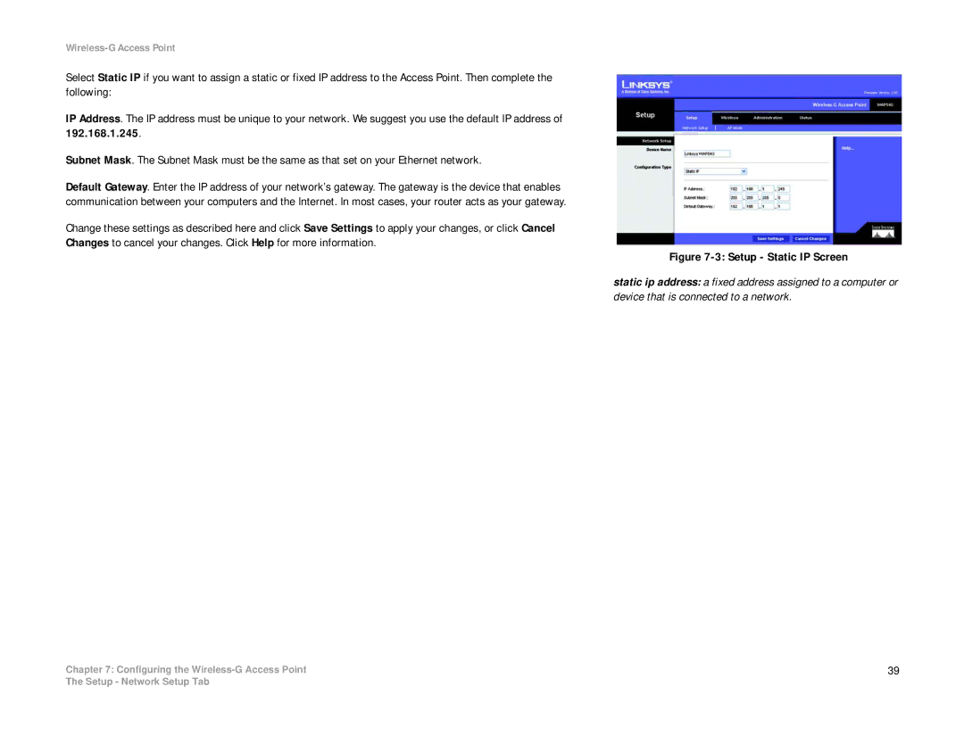 Linksys WAP54G manual Setup Static IP Screen 