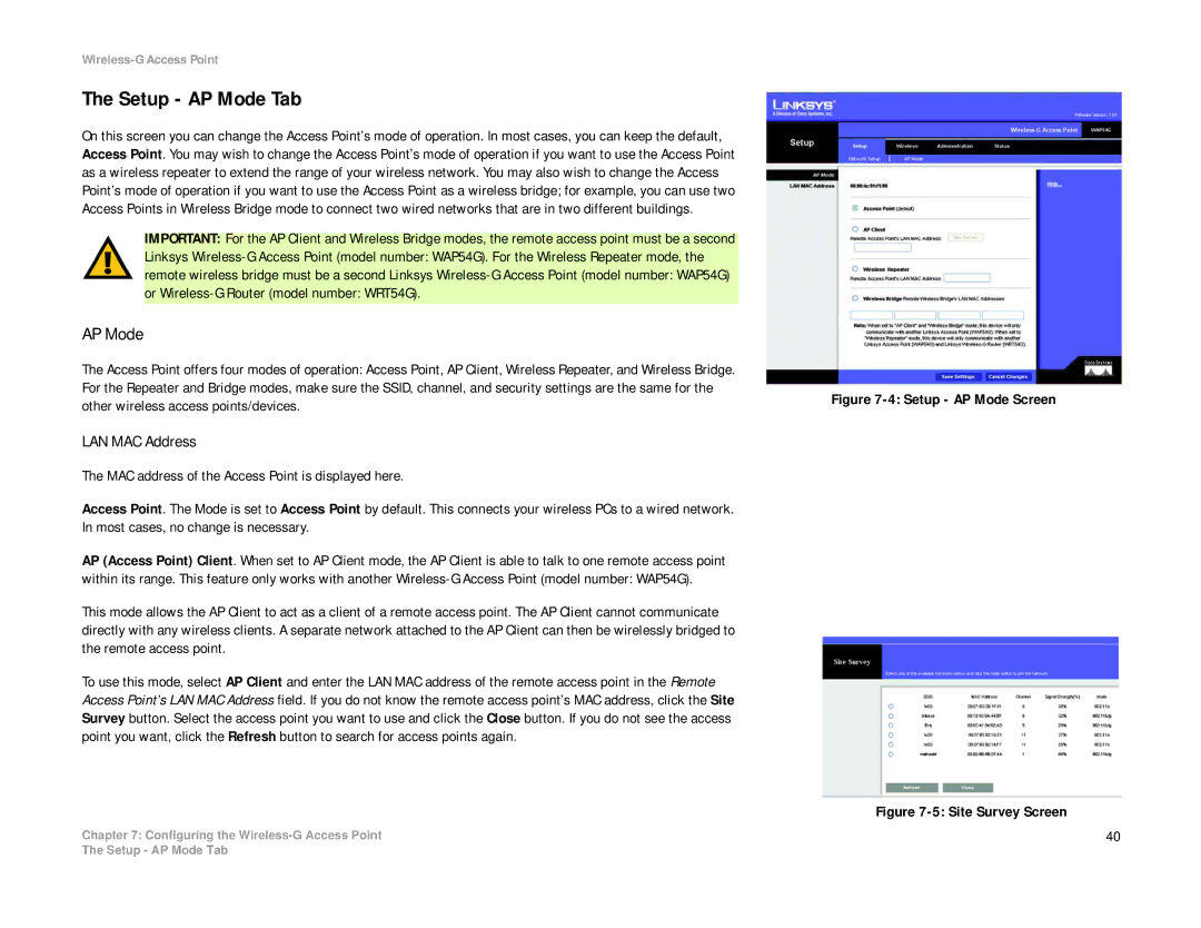 Linksys WAP54G manual Setup AP Mode Tab, LAN MAC Address 