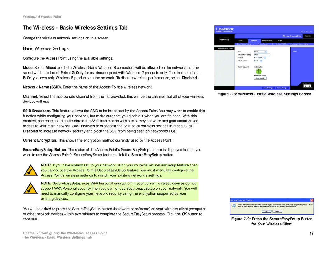 Linksys WAP54G manual Wireless Basic Wireless Settings Tab 