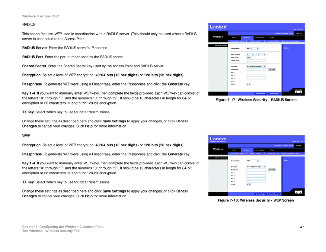 Linksys WAP54G manual Radius 