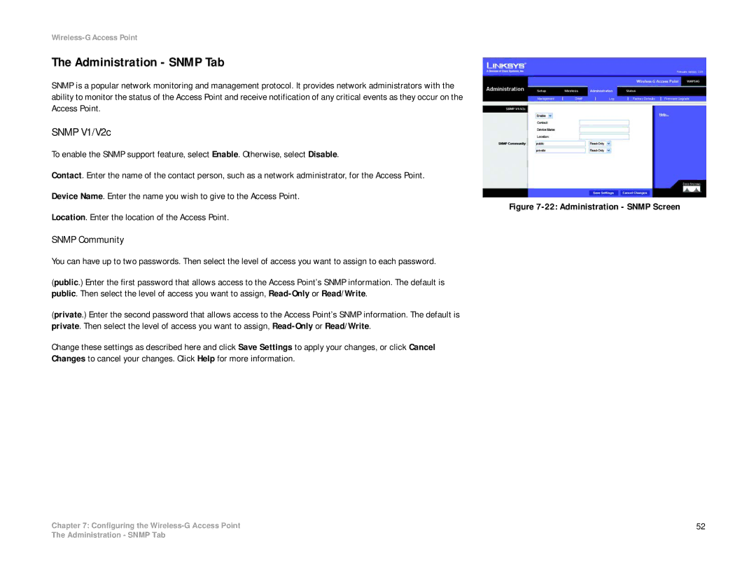 Linksys WAP54G manual Administration Snmp Tab, Snmp V1/V2c, Snmp Community 