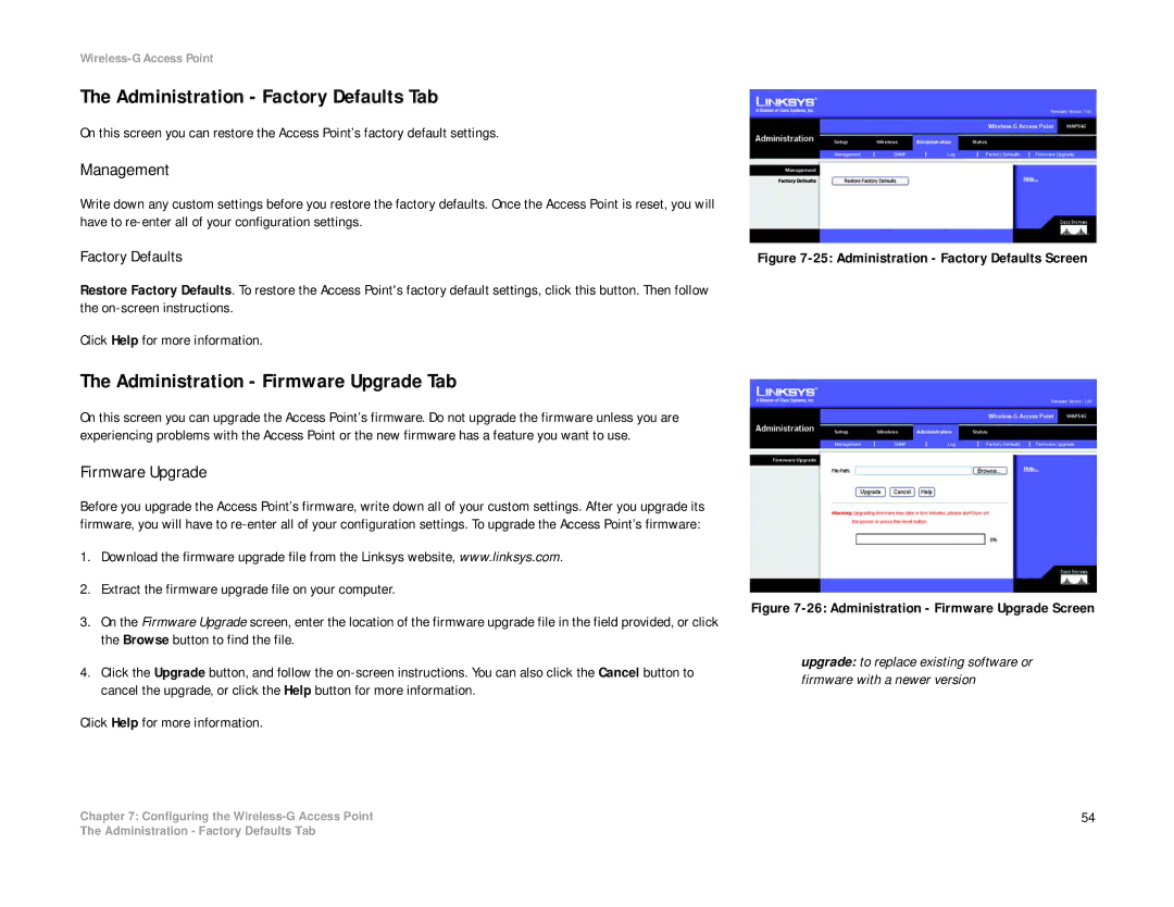 Linksys WAP54G manual Administration Factory Defaults Tab, Administration Firmware Upgrade Tab 