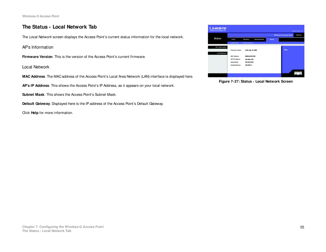 Linksys WAP54G manual Status Local Network Tab, AP’s Information 