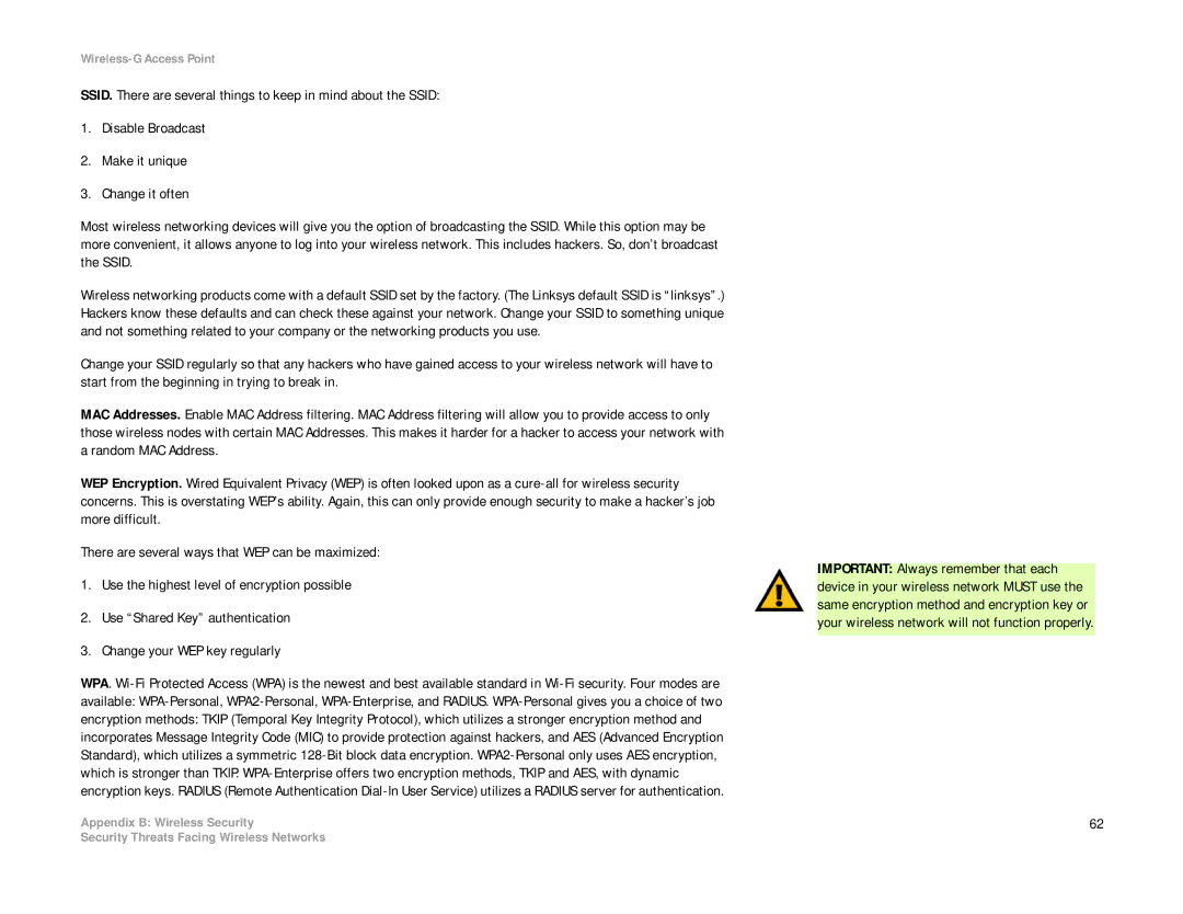 Linksys WAP54G manual Security Threats Facing Wireless Networks 