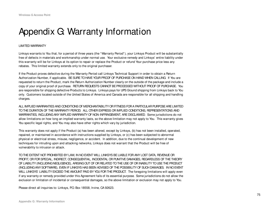 Linksys WAP54G manual Appendix G Warranty Information, Limited Warranty 