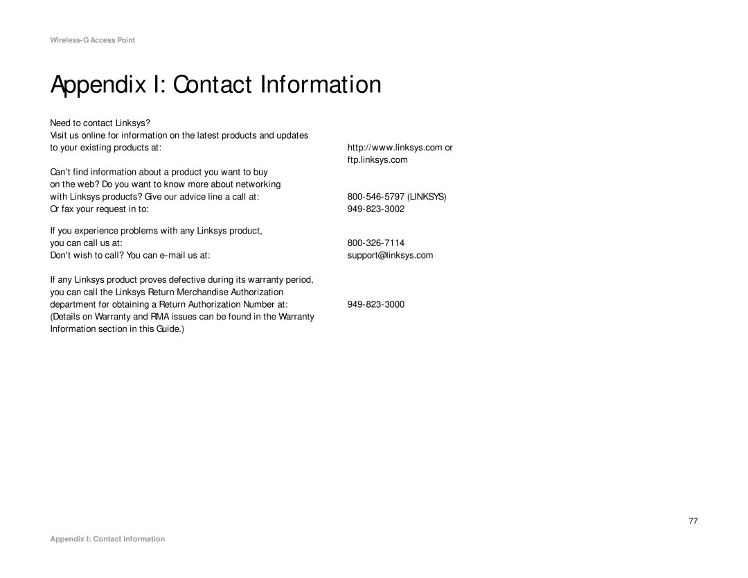 Linksys WAP54G manual Appendix I Contact Information, Need to contact Linksys?, Information section in this Guide 