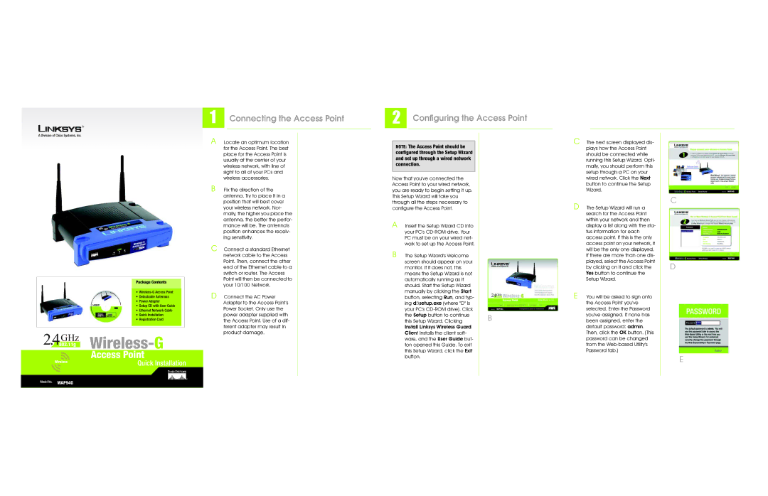 Linksys WAP54G manual 4802.11gGHz Wireless-G, Connecting the Access Point, Configuring the Access Point 