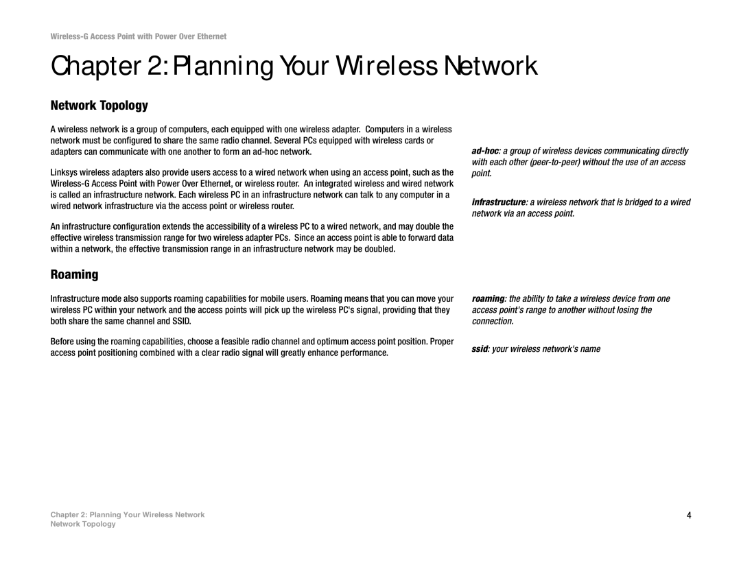 Linksys WAP54GP manual Planning Your Wireless Network, Network Topology, Roaming 