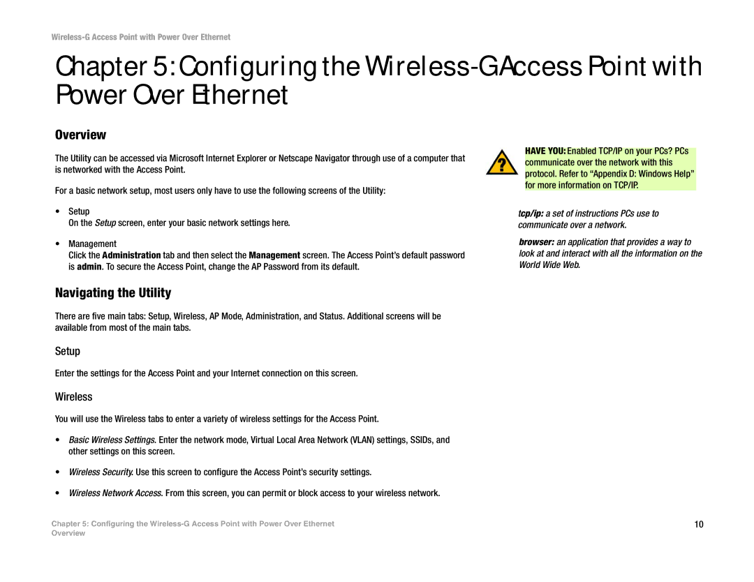 Linksys WAP54GP manual Navigating the Utility, Setup, Wireless 