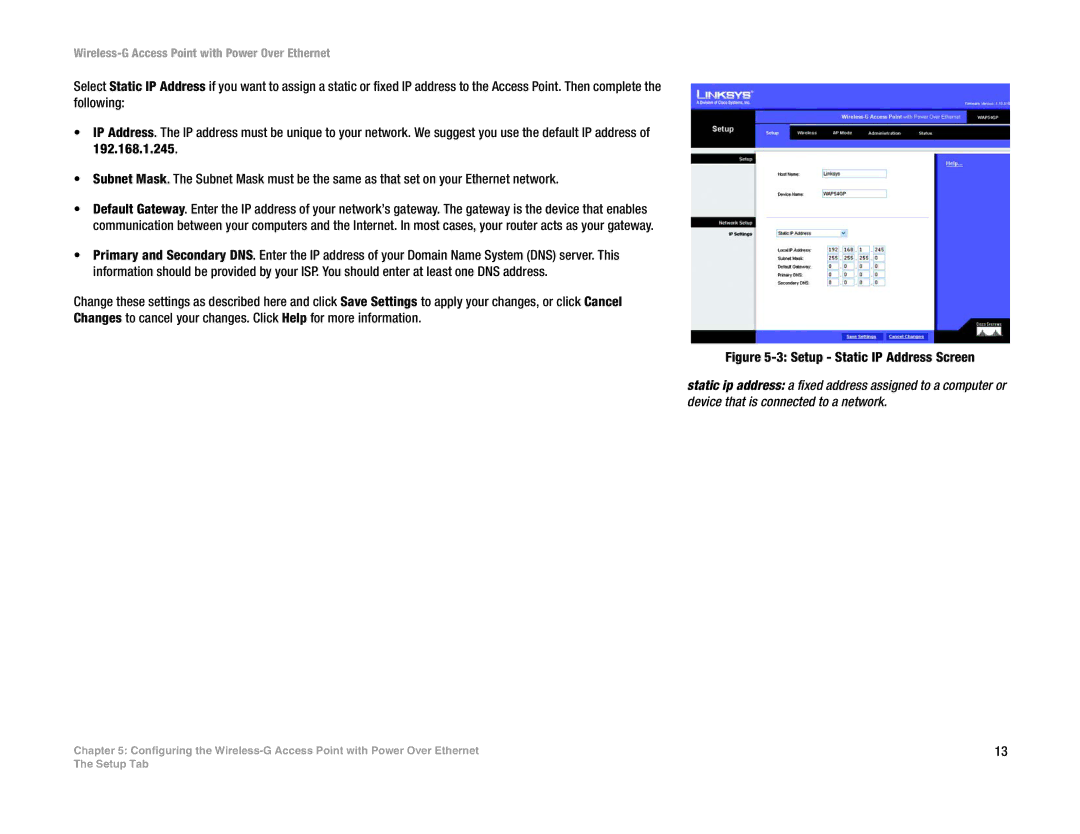 Linksys WAP54GP manual Setup Static IP Address Screen 