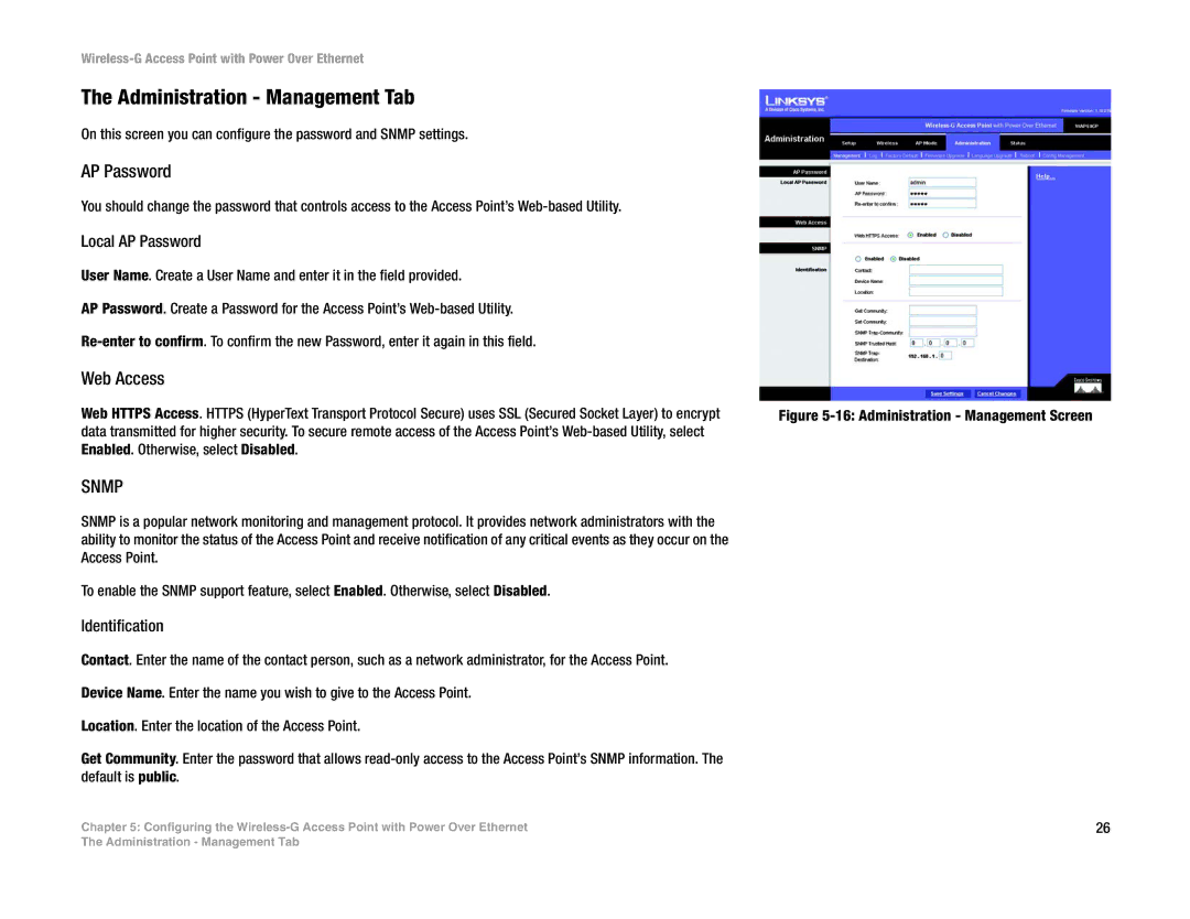 Linksys WAP54GP manual Administration Management Tab, Web Access, Local AP Password, Identification 