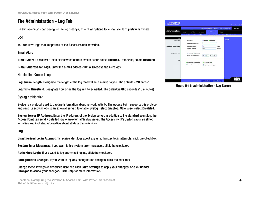 Linksys WAP54GP manual Administration Log Tab 