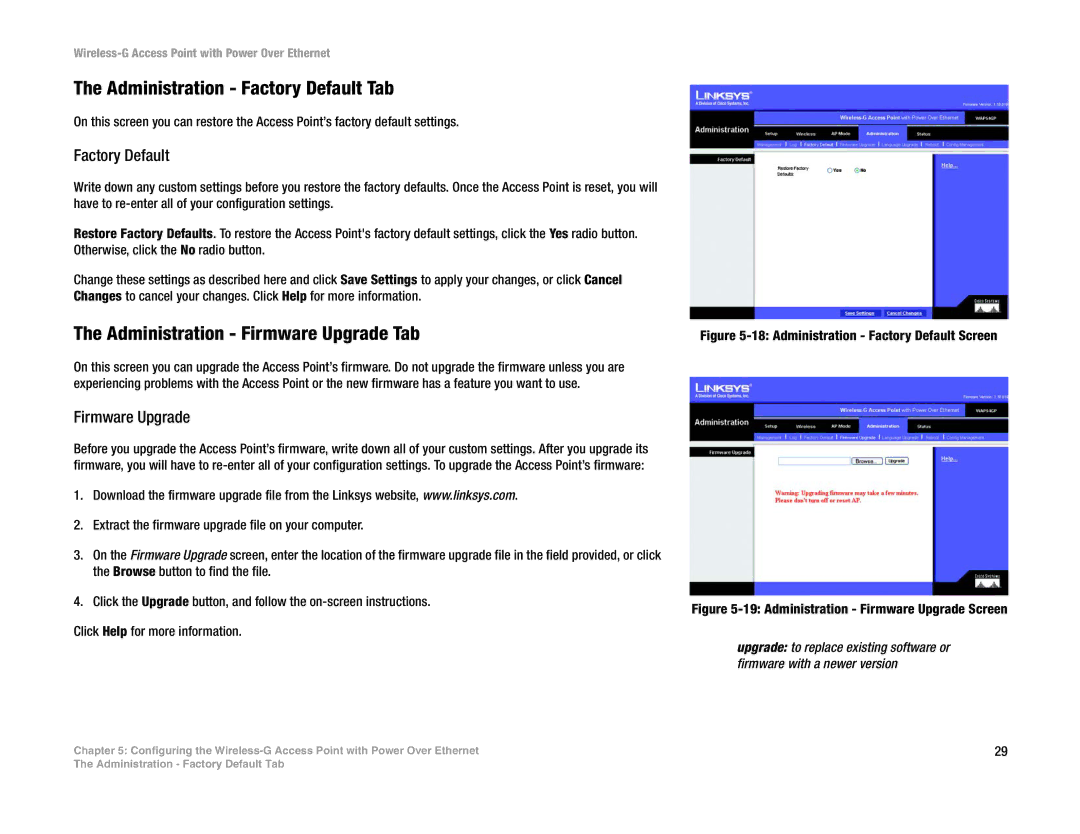 Linksys WAP54GP manual Administration Factory Default Tab, Administration Firmware Upgrade Tab 