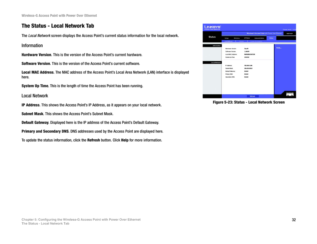 Linksys WAP54GP manual Status Local Network Tab, Information 