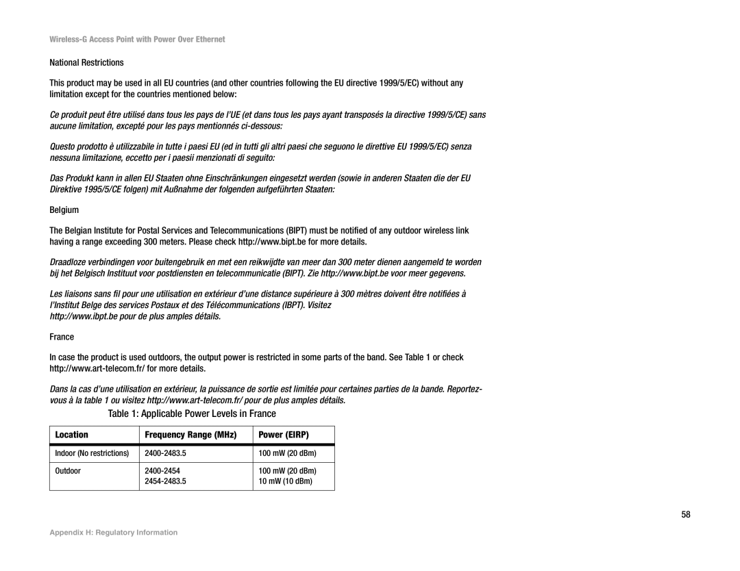 Linksys WAP54GP manual Applicable Power Levels in France, Location Frequency Range MHz Power Eirp 