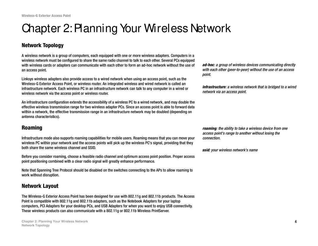 Linksys WAP54GPE manual Planning Your Wireless Network, Network Topology, Roaming, Network Layout 