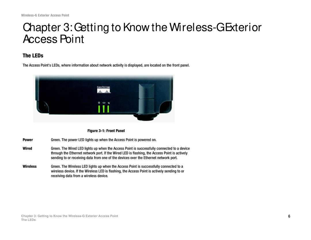 Linksys WAP54GPE manual Getting to Know the Wireless-G Exterior Access Point, LEDs, Receiving data from a wireless device 