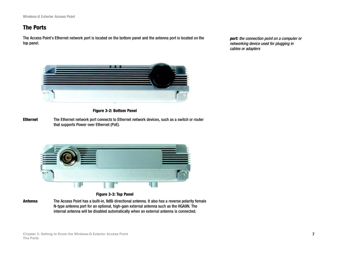 Linksys WAP54GPE manual Ports, That supports Power over Ethernet PoE, Antenna 