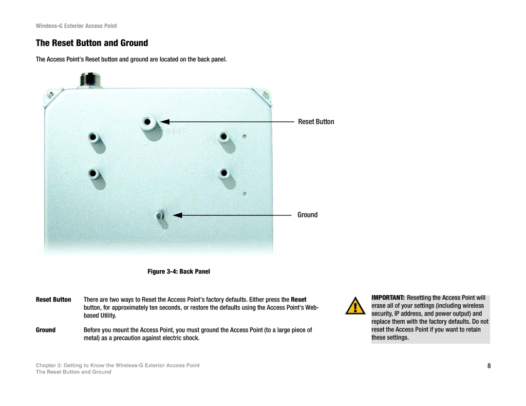 Linksys WAP54GPE manual Reset Button and Ground, Reset Button Ground 