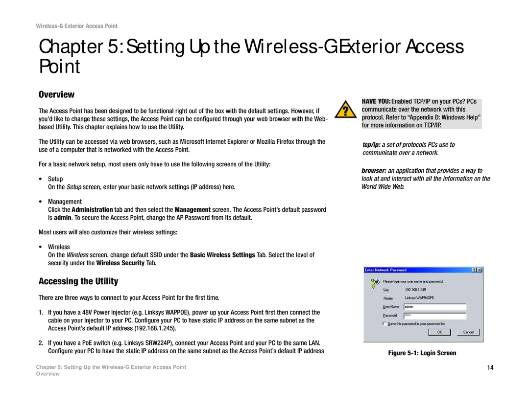 Linksys WAP54GPE manual Setting Up the Wireless-G Exterior Access Point, Accessing the Utility 