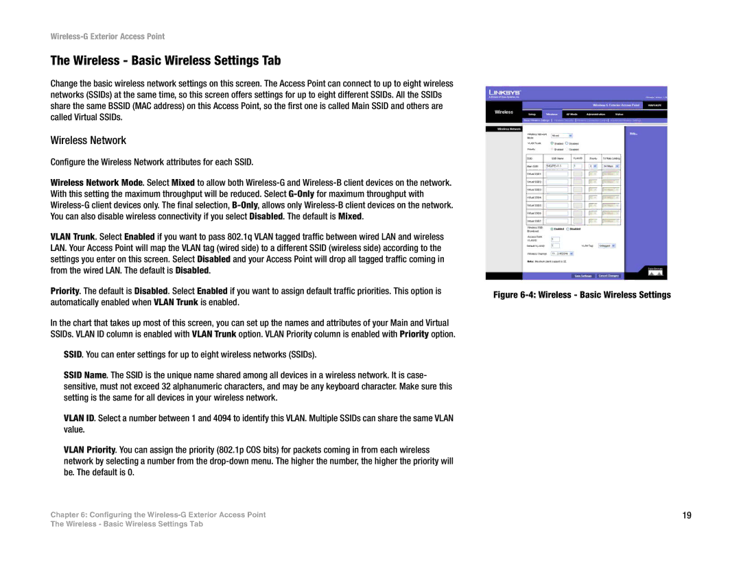 Linksys WAP54GPE manual Wireless Basic Wireless Settings Tab, Wireless Network 