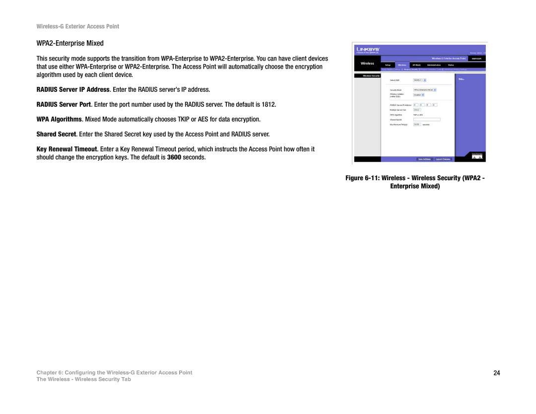 Linksys WAP54GPE manual WPA2-Enterprise Mixed, Wireless Wireless Security WPA2 Enterprise Mixed 