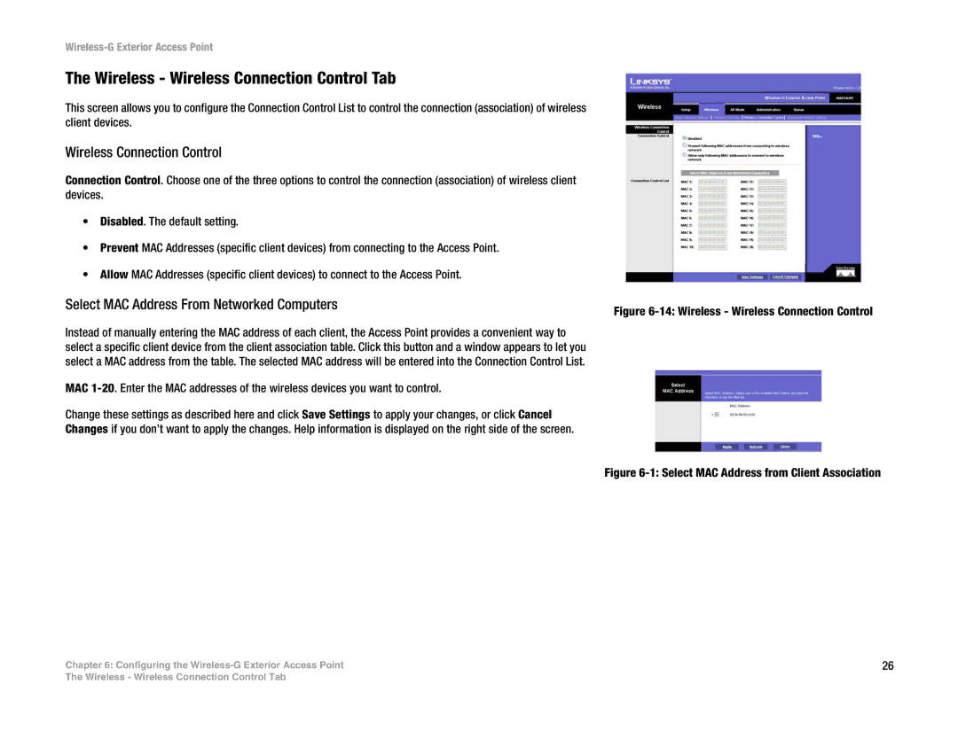 Linksys WAP54GPE manual Wireless Wireless Connection Control Tab, Select MAC Address From Networked Computers 