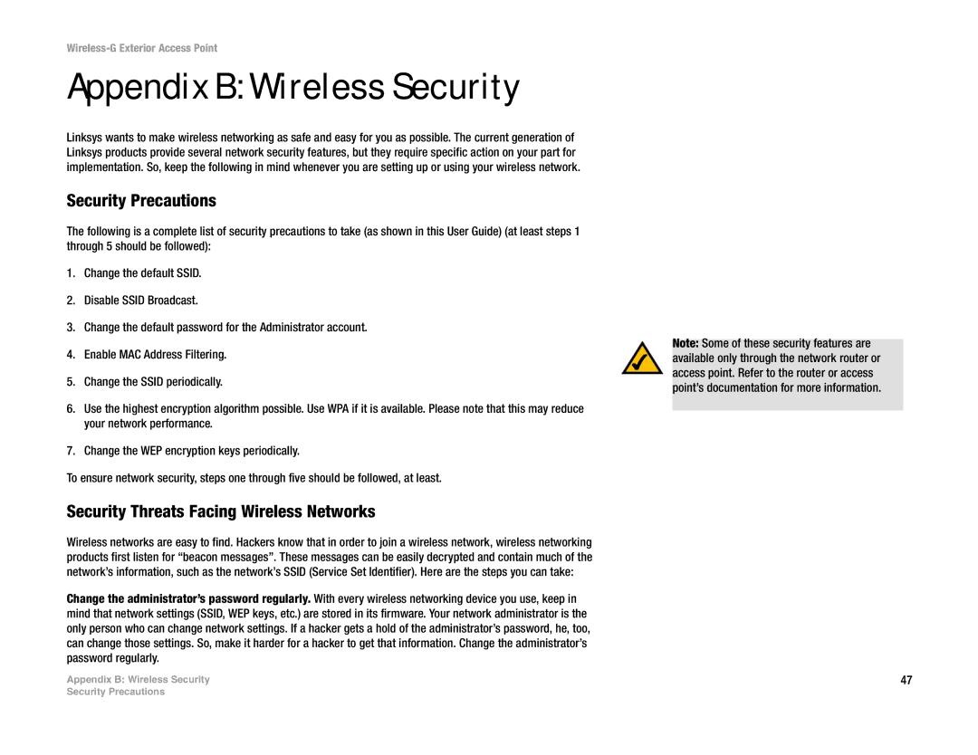 Linksys WAP54GPE manual Appendix B Wireless Security, Security Precautions, Security Threats Facing Wireless Networks 