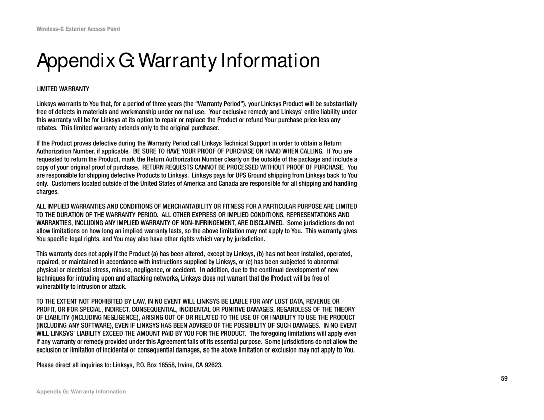 Linksys WAP54GPE manual Appendix G Warranty Information, Limited Warranty 