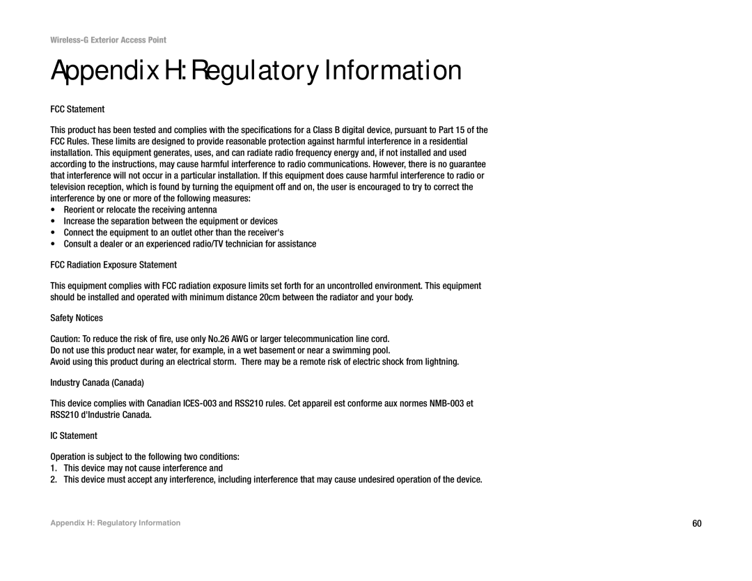 Linksys WAP54GPE manual Appendix H Regulatory Information, FCC Statement 