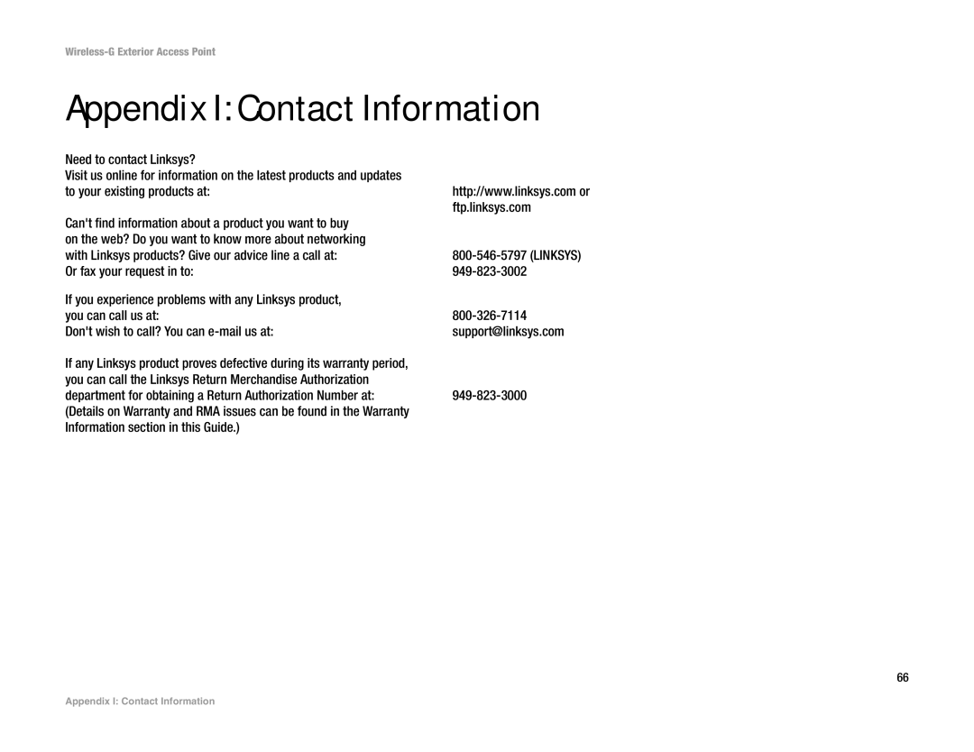 Linksys WAP54GPE manual Appendix I Contact Information, Need to contact Linksys?, Information section in this Guide 