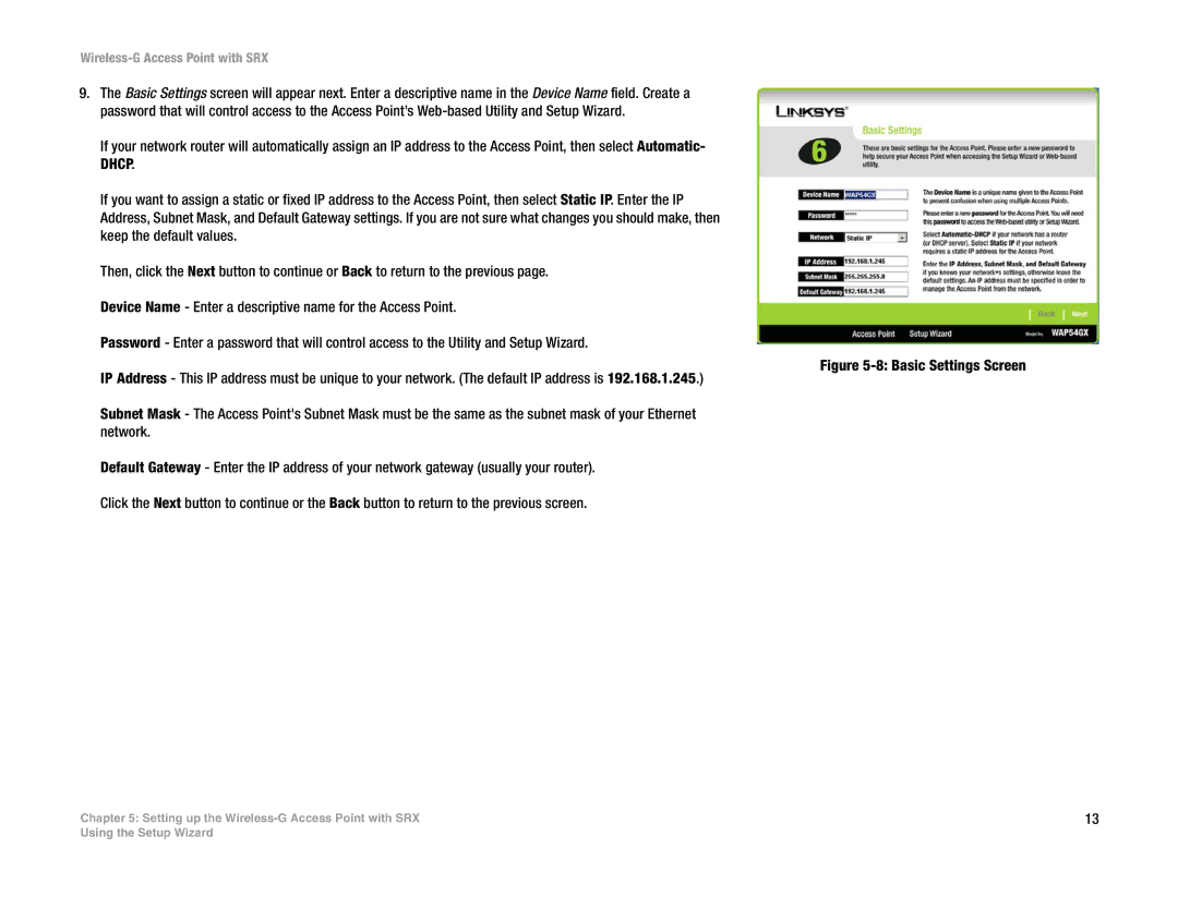 Linksys WAP54GX manual Basic Settings Screen 