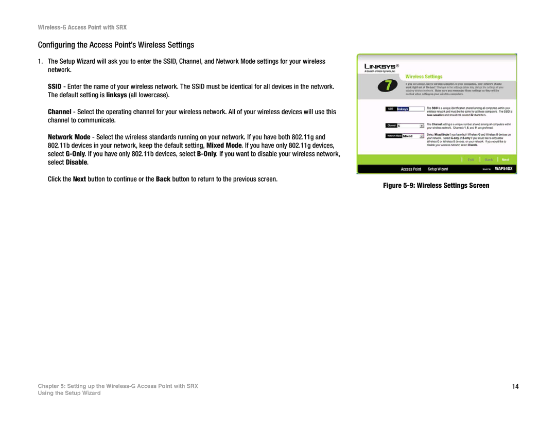 Linksys WAP54GX manual Configuring the Access Point’s Wireless Settings, Wireless Settings Screen 